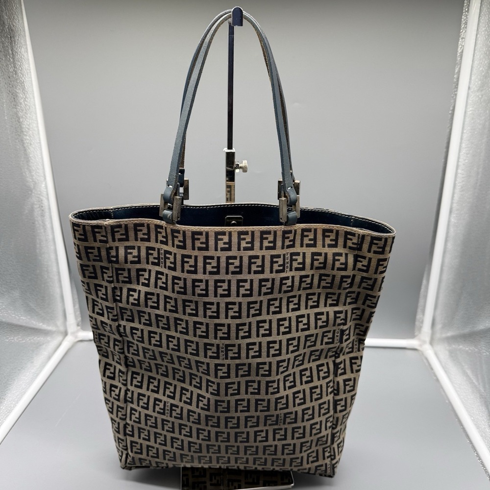 Fendi Zucca FF Monogram Tote Bag Blue Leather Trim Italy W/ COA & Dustbag Vtg